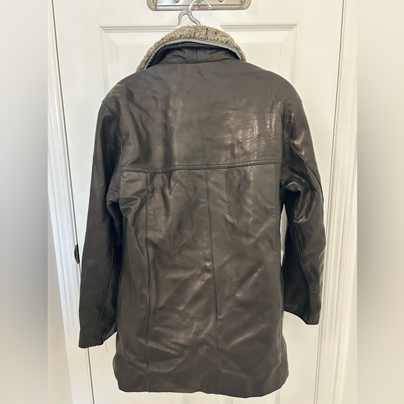 Genuine Brown Leather, Oversized Coat with Removable Sherpa Collar - Picture 9 of 11